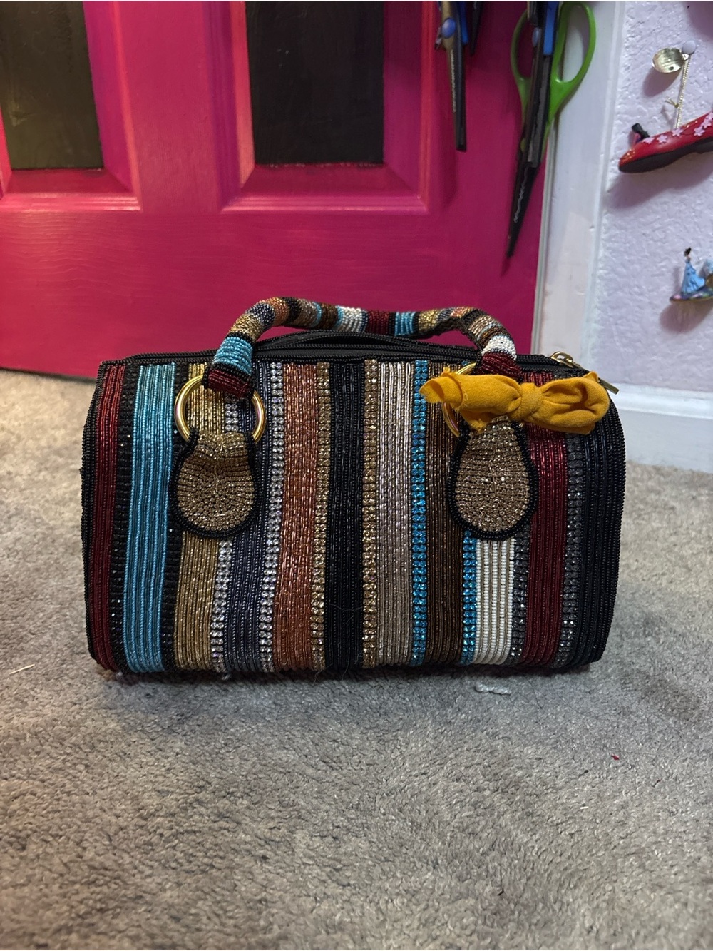 Mary Frances Multicolor Beaded Striped Top-Handle Bag with Mustard Accent